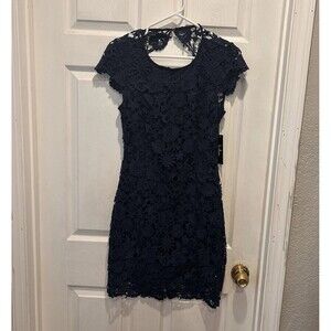 LULUS Dress Love Poem Crochet Lace Mini Open Back Navy Blue Medium NWT Wedding‎